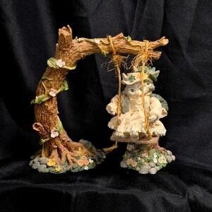 Vintage Enesco Victorian Cats on Swing Tree Figurine Set Resin Garden Decor
